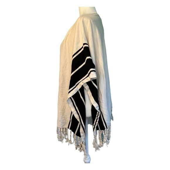 Forever 21 Fringe Kaftan Poncho Sweater Cream Black Striped Knit V-Neck S - Picture 3 of 5
